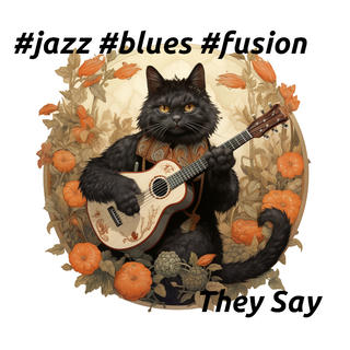 A black cat playing guitar in a pumpkin patch - Digitla art by Linnaea Mallette