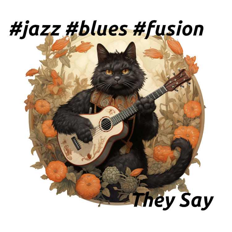 A black cat playing guitar in a pumpkin patch - Digitla art by Linnaea Mallette